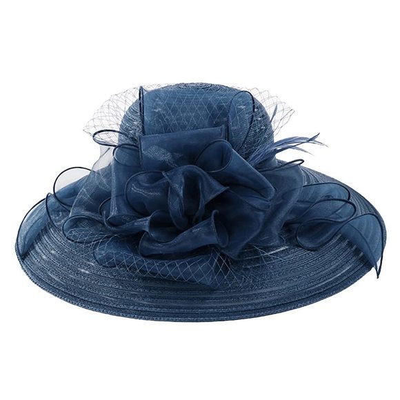 Women Large Brim Straw Church Hats With Veil Flowers Beach Sun Derby Hat😝